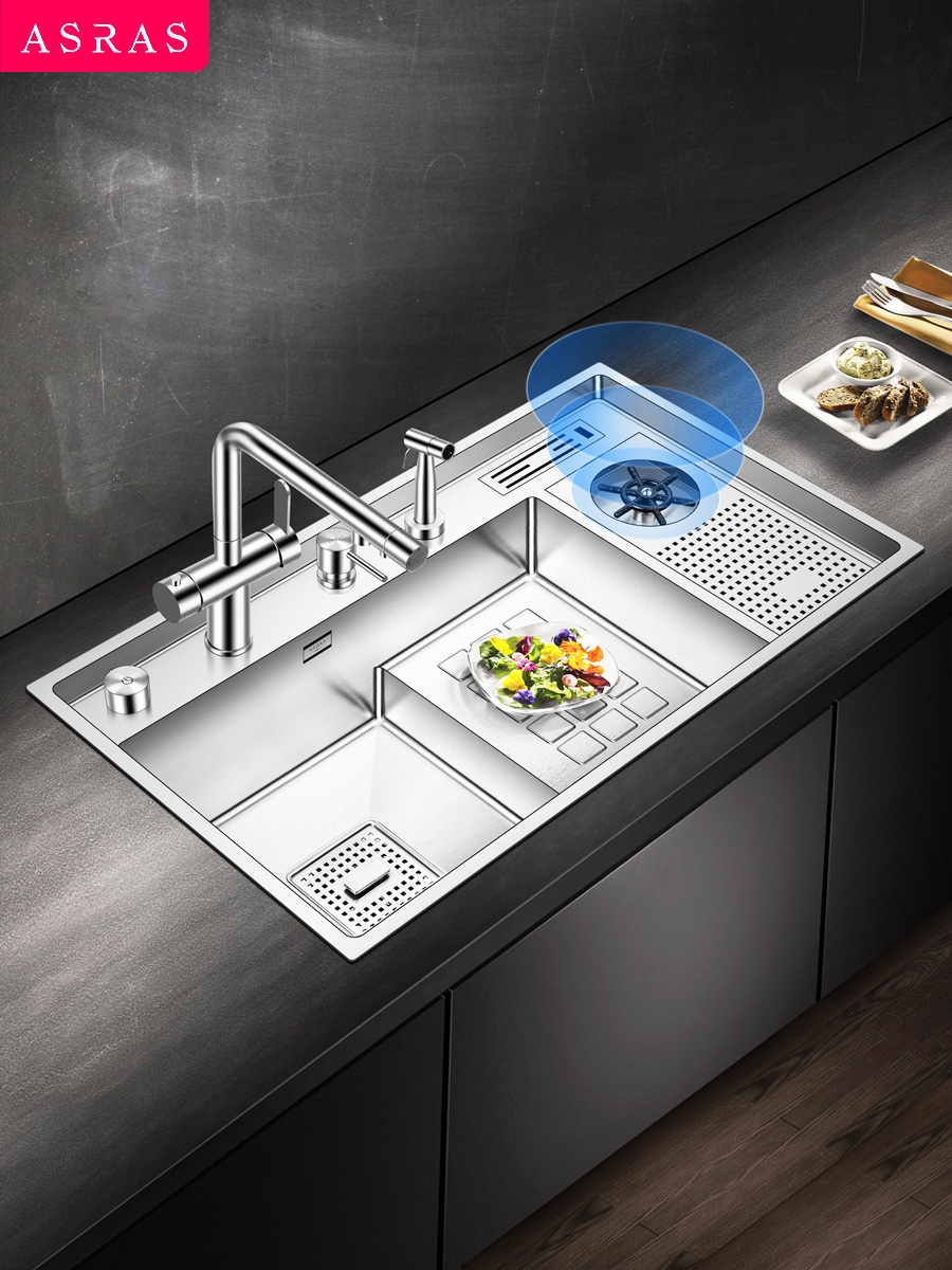 阶梯式水槽洗杯器洗菜盆304不锈钢手工水槽厨房高低大单槽