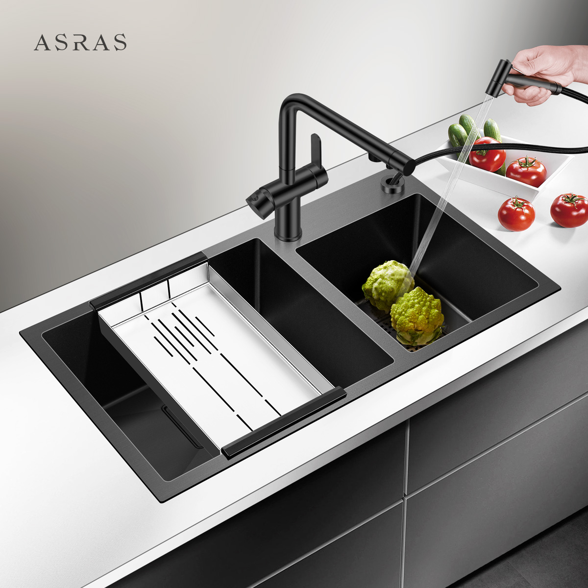 阿萨斯黑色纳米304不锈钢厨房手工水槽双槽洗菜盆洗碗池水池加厚