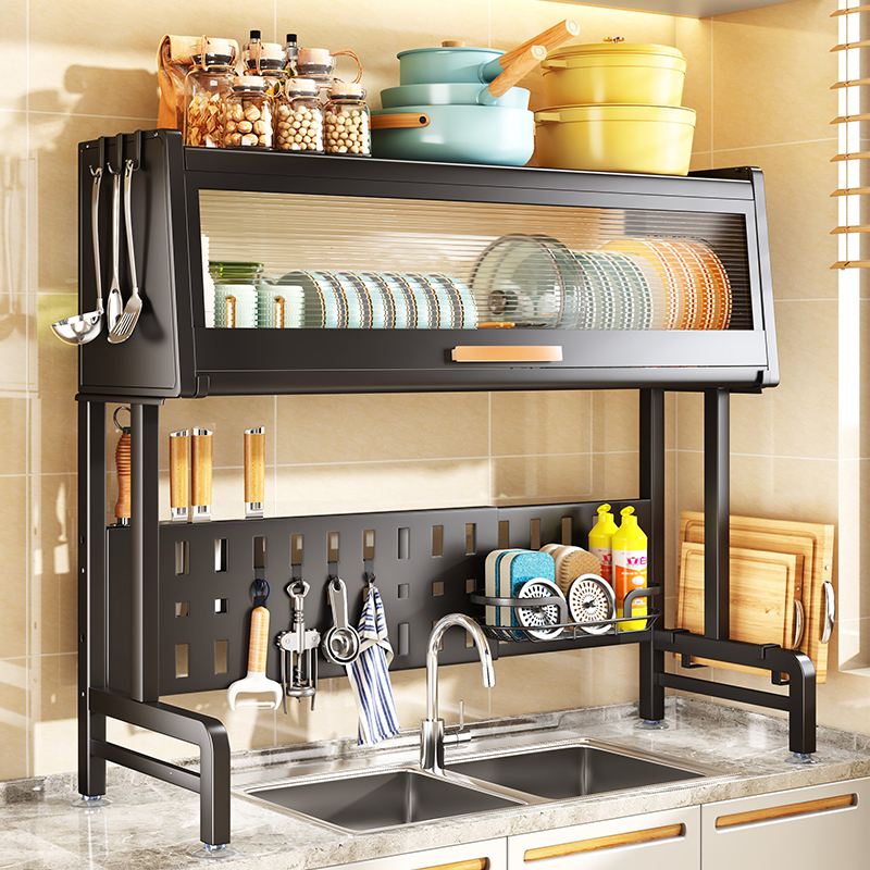 厨房多功能可伸缩水槽置物架台面收纳碗柜带门碗碟盘沥水架储物柜