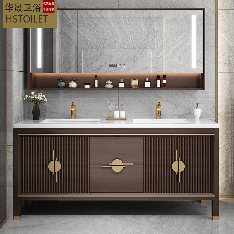 新中式橡木浴室柜组合智能洗脸洗手面盆实木双盆落地洗漱台卫生间
