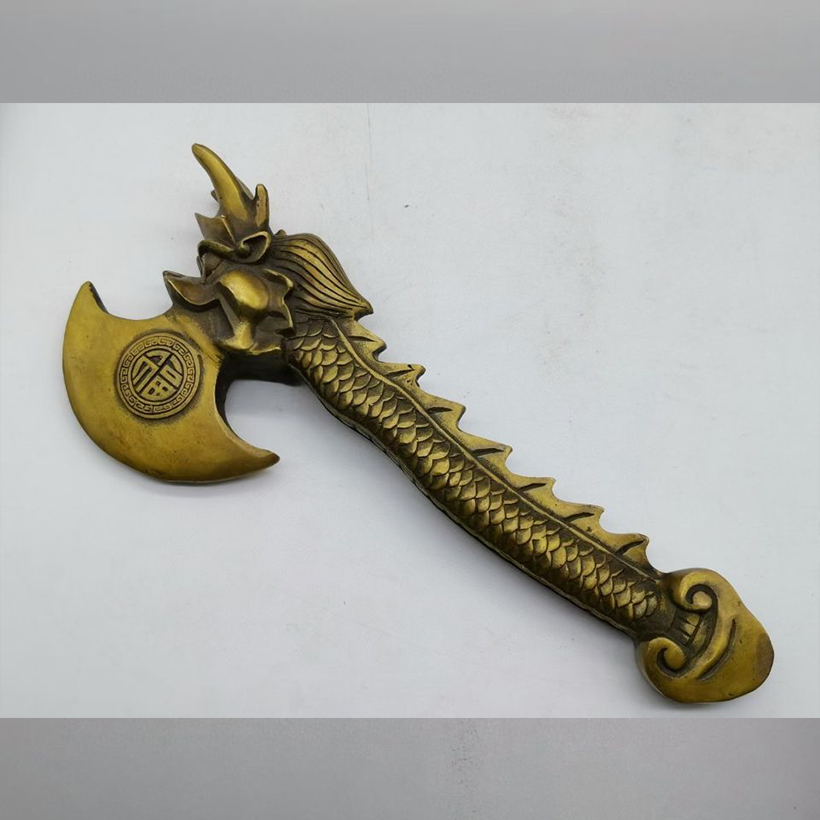 古玩铜器收藏仿古纯黄铜龙头斧子福字工艺品摆件影视道具