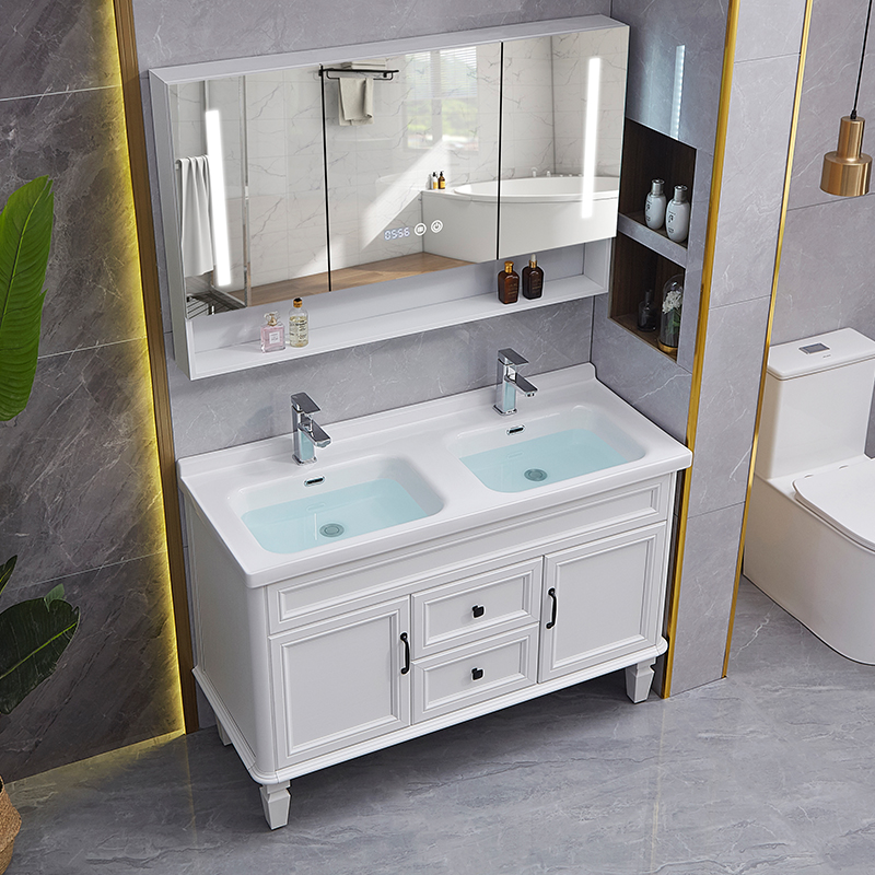 新品美式智能双盆浴室柜组合卫生间落地式洗手洗脸双人一体陶瓷洗