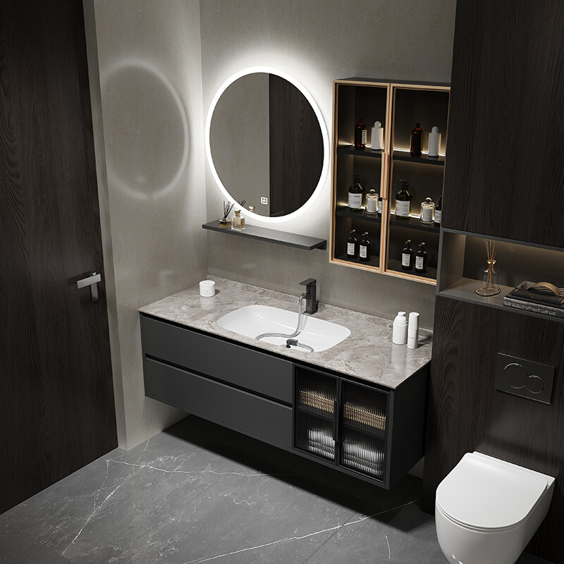 网红浴室柜组合现代简约岩板无缝拼接盆卫生间实木洗漱台洗手洗脸