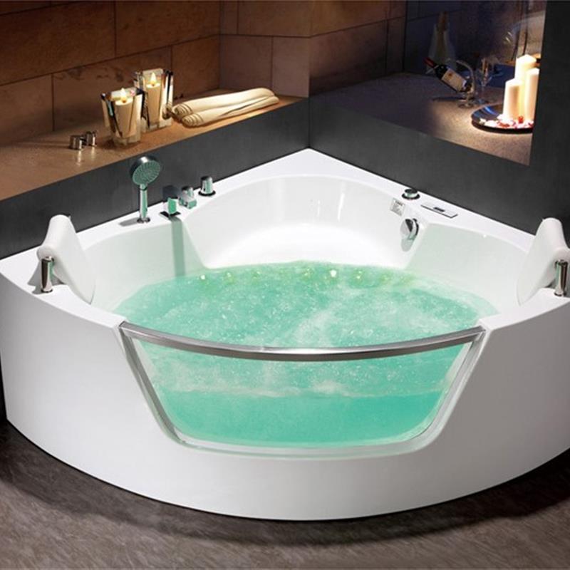 新款亚克力三角扇形冲浪按摩浴缸珍珠板珠光板玻璃浴缸泡泡浴恒温