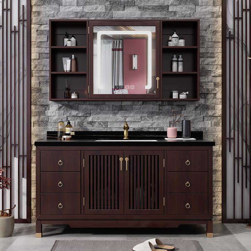 新中式橡木浴室柜组合卫生间岩板实木洗手池洗脸盆柜洗漱台卫浴柜