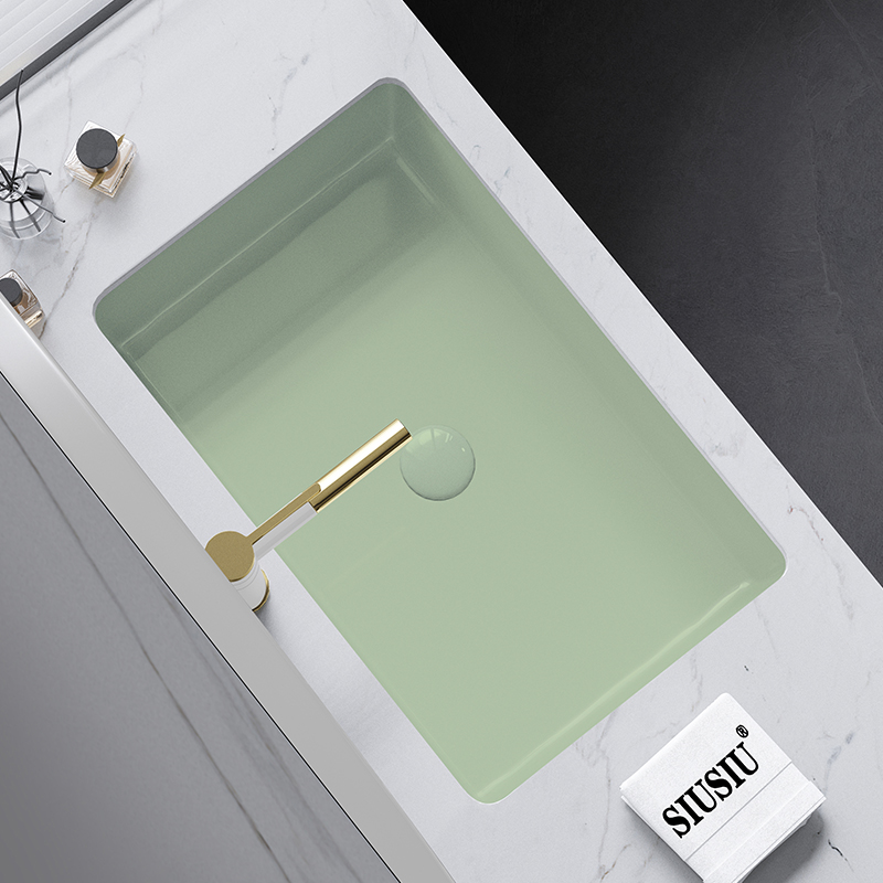 绿色加深平底直角陶瓷洗手池大理石嵌入式台下盆洗漱洗脸台盆面盆