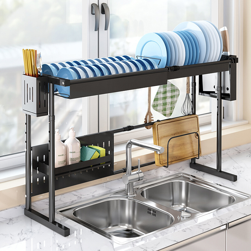 厨房水槽置物架上方多功能伸缩免打孔不锈钢台面收纳碗碟沥水架