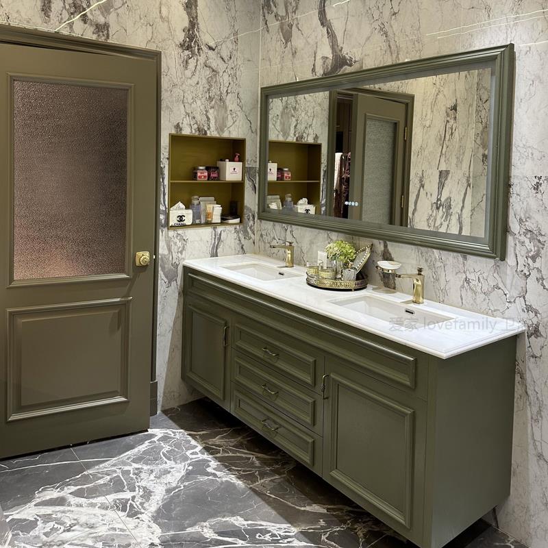 美式轻奢复古实木浴室柜烤漆绿色卫浴柜大理石洗漱台洗手池洗脸盆