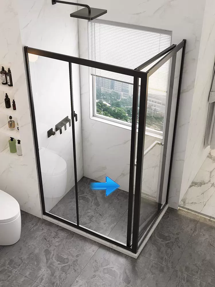 方形侧移门淋浴房小户型不锈钢浴屏内飞门干湿分离侧滑门玻璃隔断
