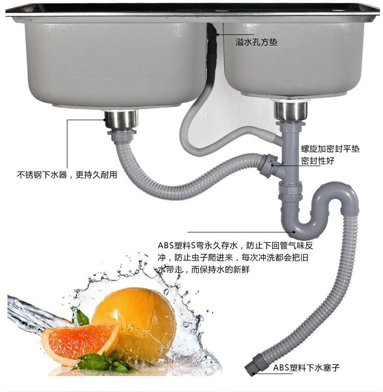 pⅴc水管配件304厨房水槽不锈钢水器配件双槽洗菜盆台盆下水头。