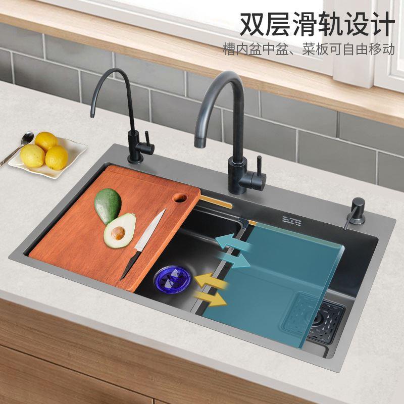 厨房水槽大单槽洗菜盆手工日式纳米黑色加厚304不锈钢家用洗碗池