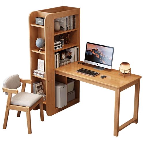 书桌书柜组合一体转角卧室写字桌双人学生学习桌家用电脑桌柚木色