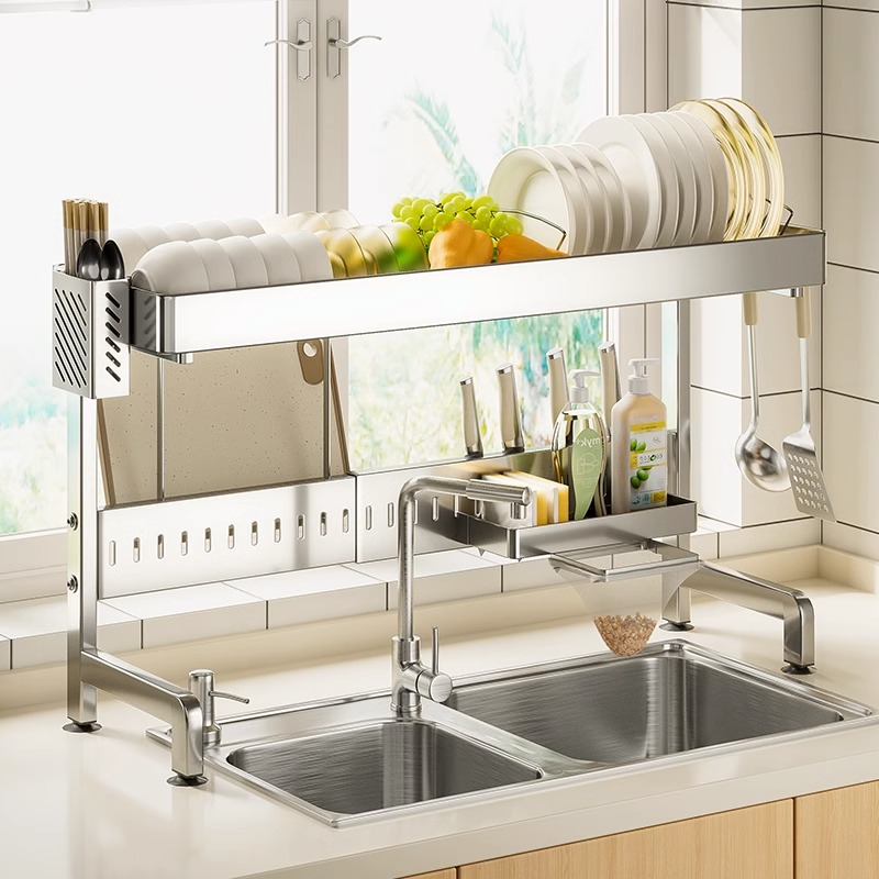 厨房不锈钢水槽置物架放碗盘沥水架碗架伸缩洗碗池上方碗碟收纳架
