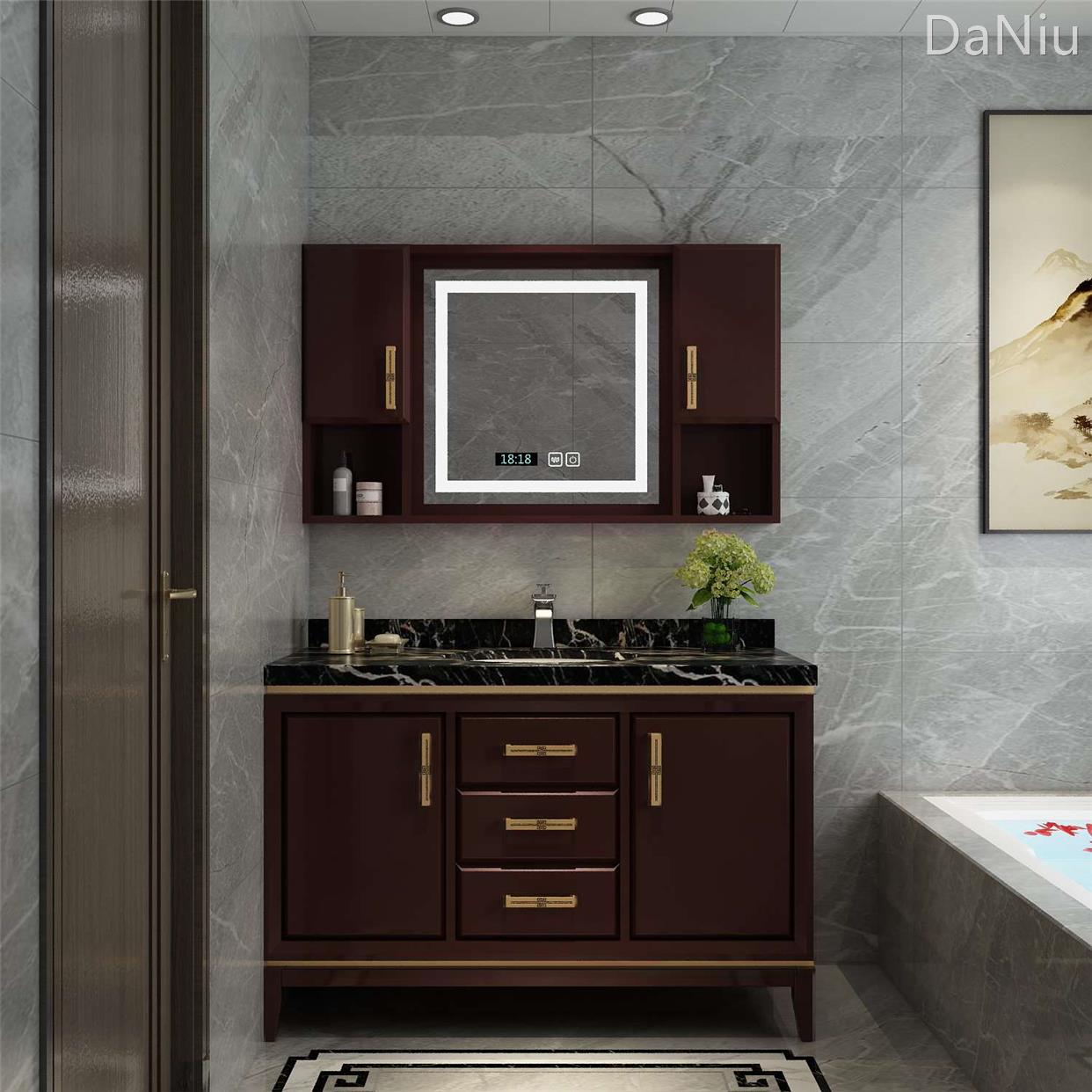 新中式浴室柜大理石台面现代落地式卫生间洗漱台洗脸盆组合智能镜