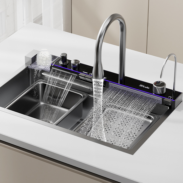 卫浴大单槽厨房水槽304不锈钢智能沥水篮飞雨洗杯器瀑布洗菜盆台
