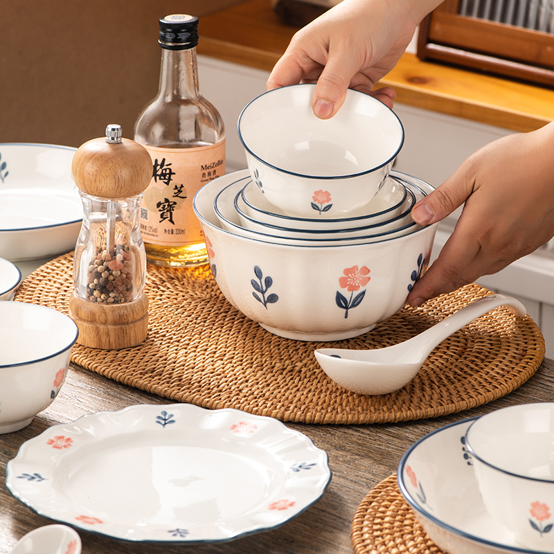 日式复古陶瓷盘子碗家用套装菜盘米饭碗鱼盘汤碗创意餐盘餐具