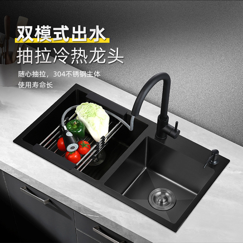 厨房水槽套装家用双槽304不锈钢灰色洗菜盆洗碗池加厚手工水槽