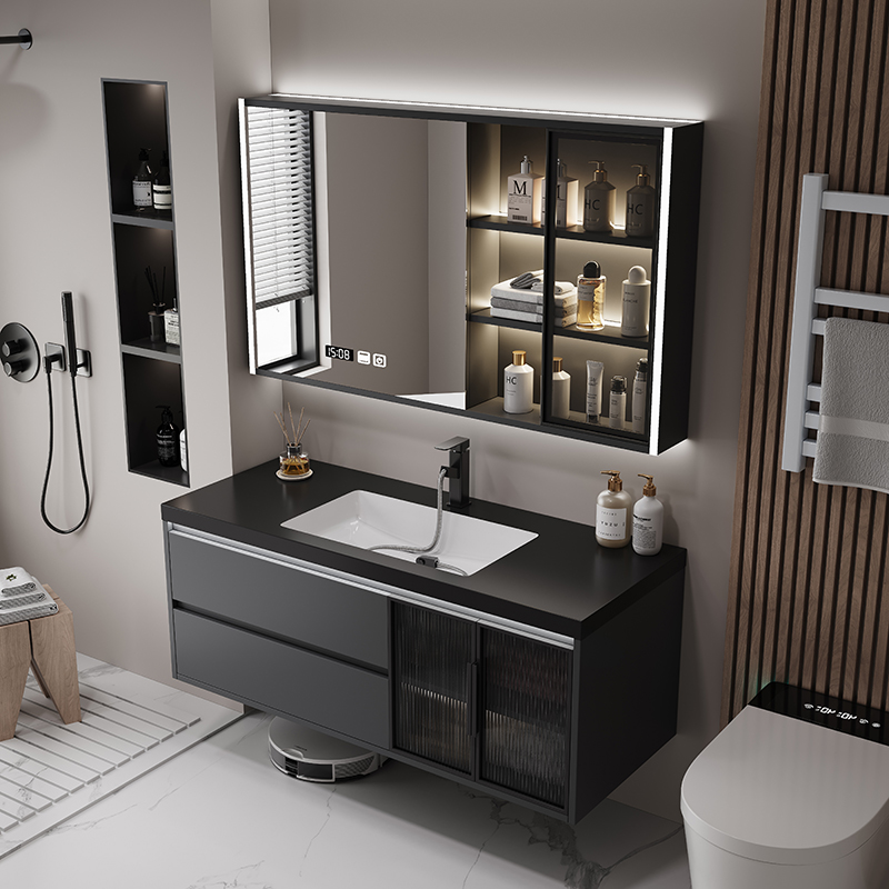 新品现代简约岩板无缝盆台浴室柜组合套卫生间木洗脸洗手实面盆洗
