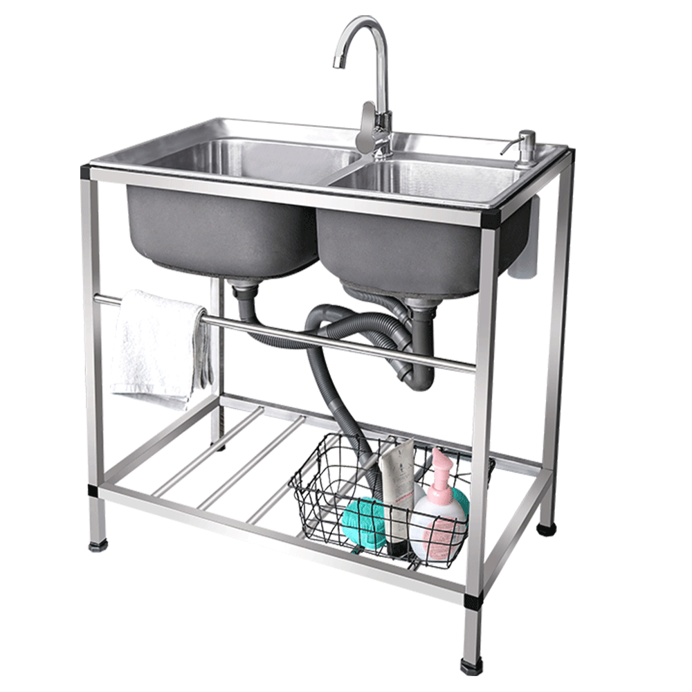 厨房一体加厚不锈钢水槽带支架洗菜盆双槽单槽简易水池家用洗手盆