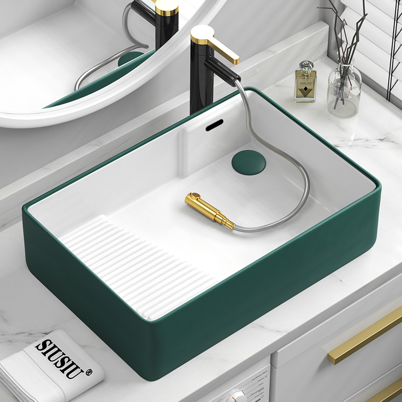洗衣机柜台上带搓衣板陶瓷洗衣池侧排下水绿色洗手面盆洗衣槽单盆