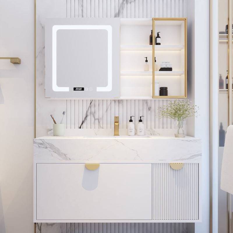 现代岩板风水镜实木浴室柜组合洗手盆洗漱盆智能镜柜卫浴柜可定制