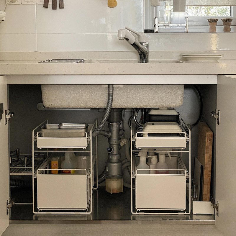 白色铁艺厨房台面下水槽橱柜抽拉式置物架办公桌面整理筐收纳架子