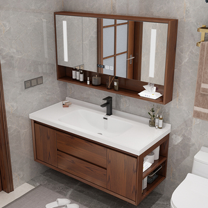 定制 新中式红橡木智能浴室柜组合卫生间洗漱台洗手洗脸盆一体陶