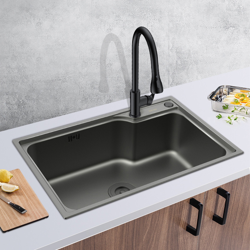 水槽304不锈钢水池家用水盆洗碗槽大单槽厨房黑色纳米单槽洗菜盆