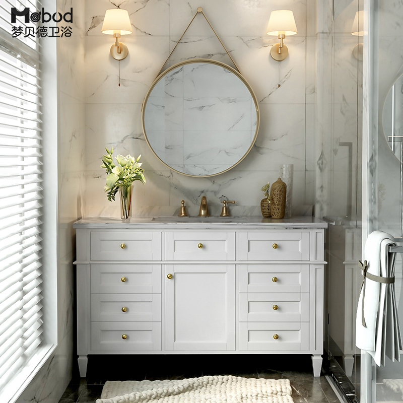现代美式岩板浴室柜橡木卫浴柜卫生间洗脸盆柜组合大理石台面Q906