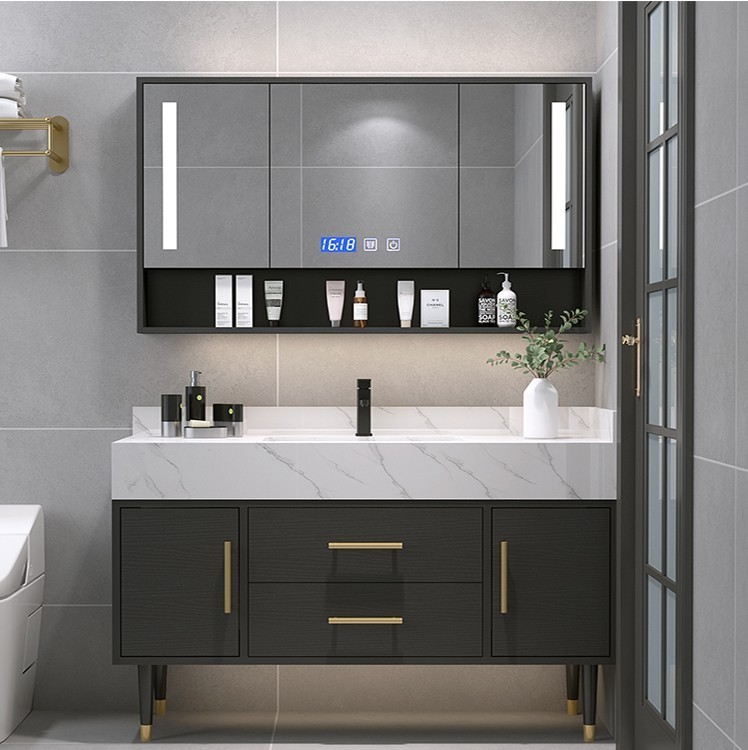 现代浴室柜组合岩板一体简约轻奢智能卫生间实木洗手洗脸盆洗漱台