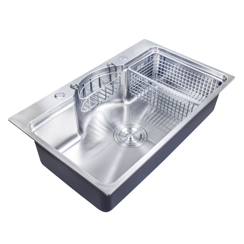 新款304不锈钢大单槽台阶台盆带沥水篮置物篮厨房水槽洗菜盆7848H