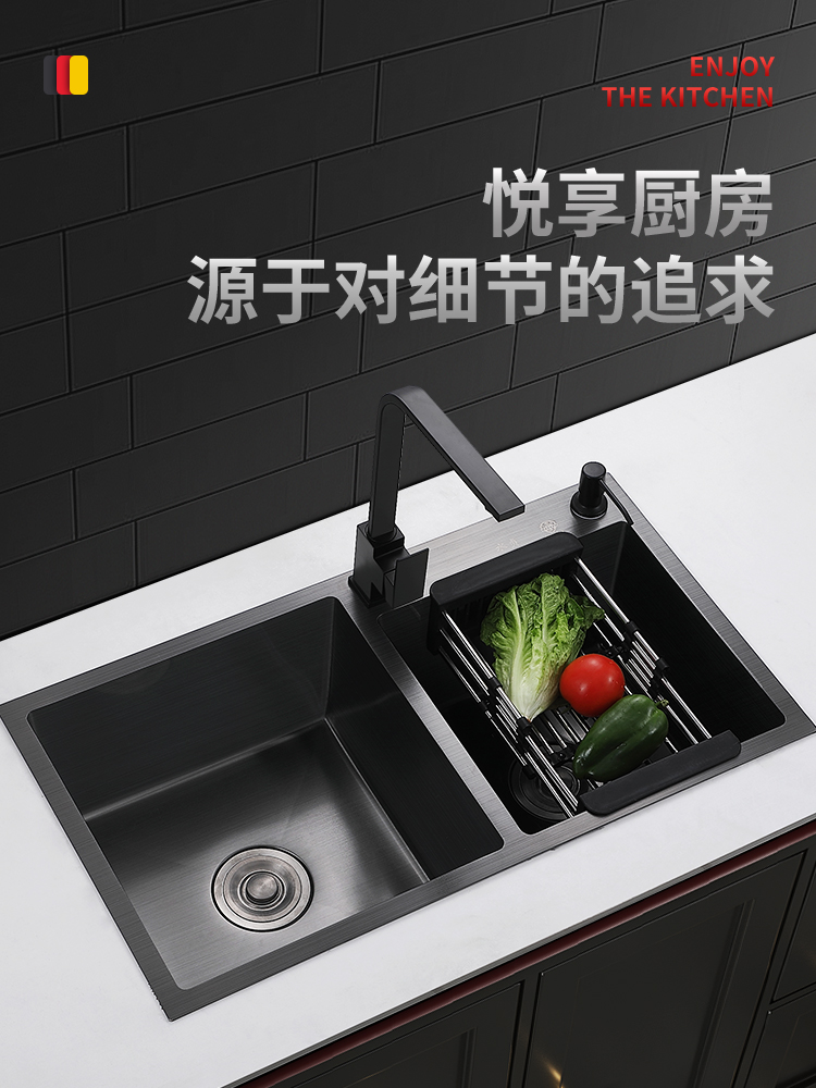 台手工洗菜盆不锈钢下家用洗菜池黑色双槽加厚纳米厨房水槽洗碗槽