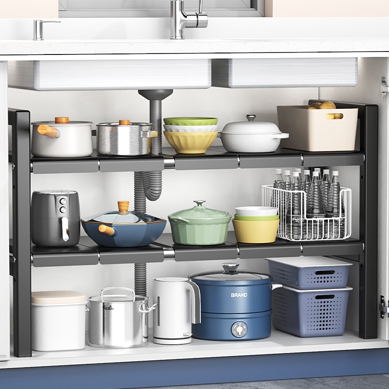 厨房可伸缩下水槽置物架橱柜分层架储物架层架多功能锅架收纳架子