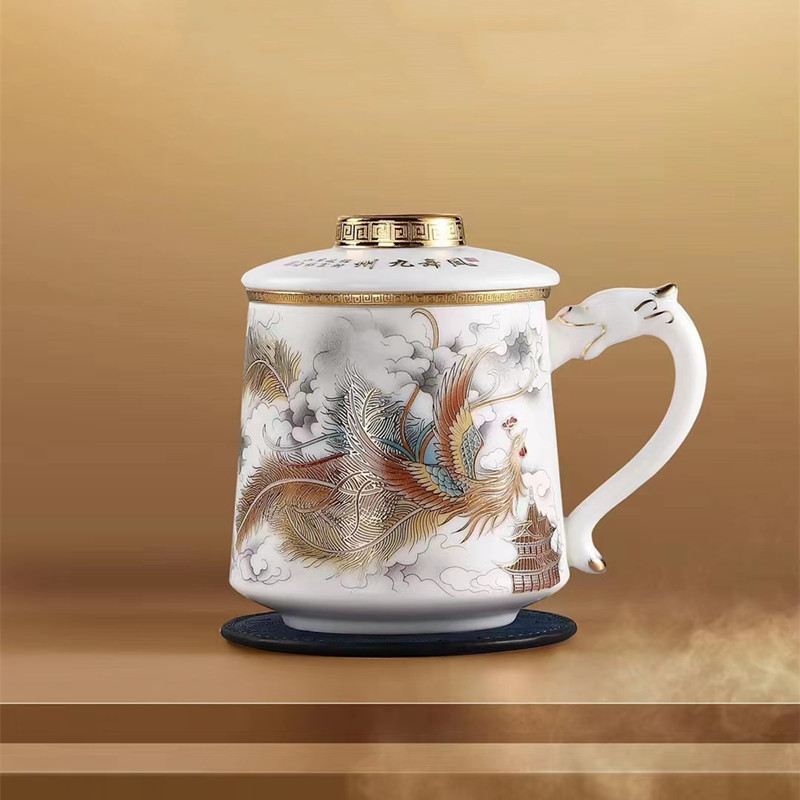 新中式陶瓷泡茶器羊脂玉办公杯龙凤呈祥水杯大容量带盖茶水分离