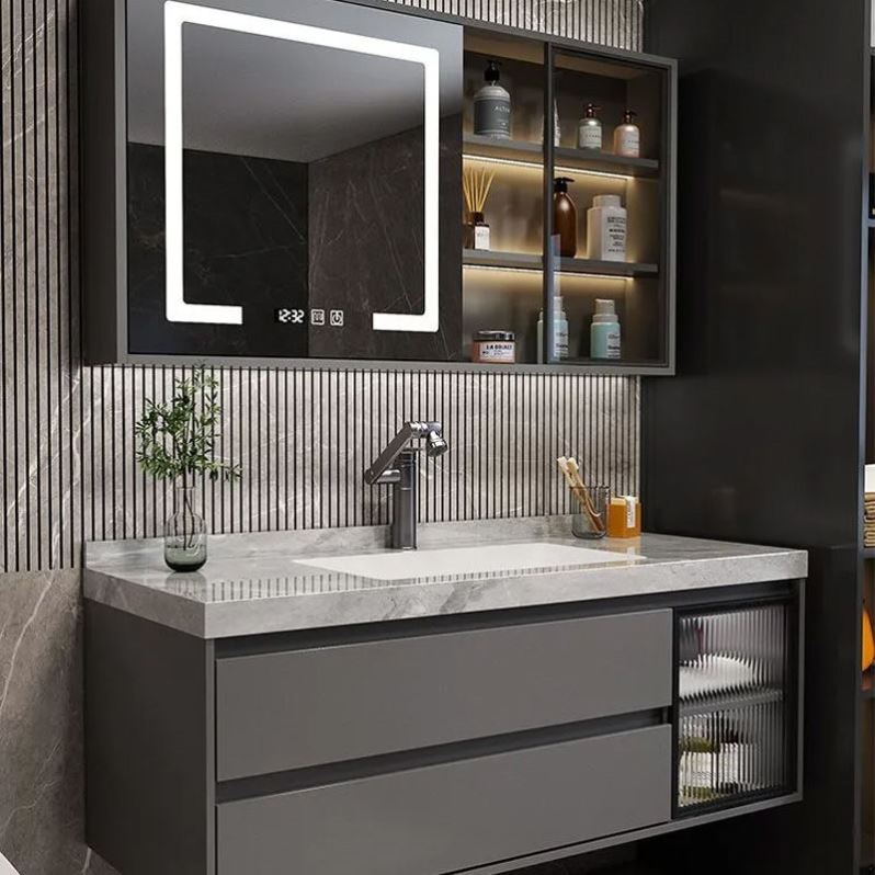洗手台一体式简约实木洗脸盆柜组合岩板无缝陶瓷一体盆智能浴室柜