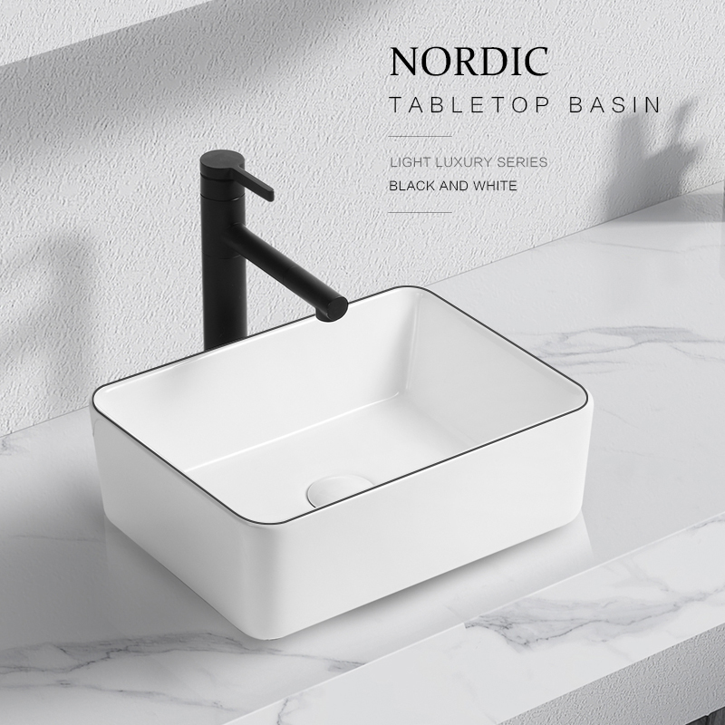 适用九牧᷂北欧台上盆小尺寸台上洗手盆黑边陶瓷洗脸盆家用洗手池