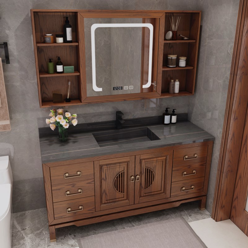 新中式红橡木岩板浴室柜组合卫生间实木智能轻奢洗手洗漱台卫浴柜