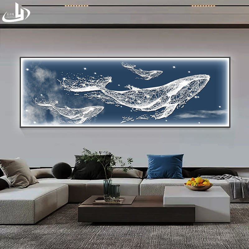 蓝鲸鱼客厅装饰画轻奢高级感带灯镶钻卧室壁画大气沙发背景墙挂画