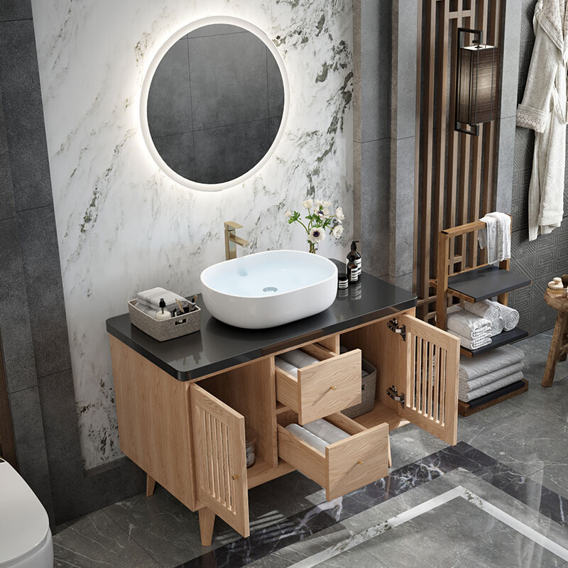 北欧实木智能浴室柜组合圆镜落地新中式洗漱台盆柜日式原木洗手台