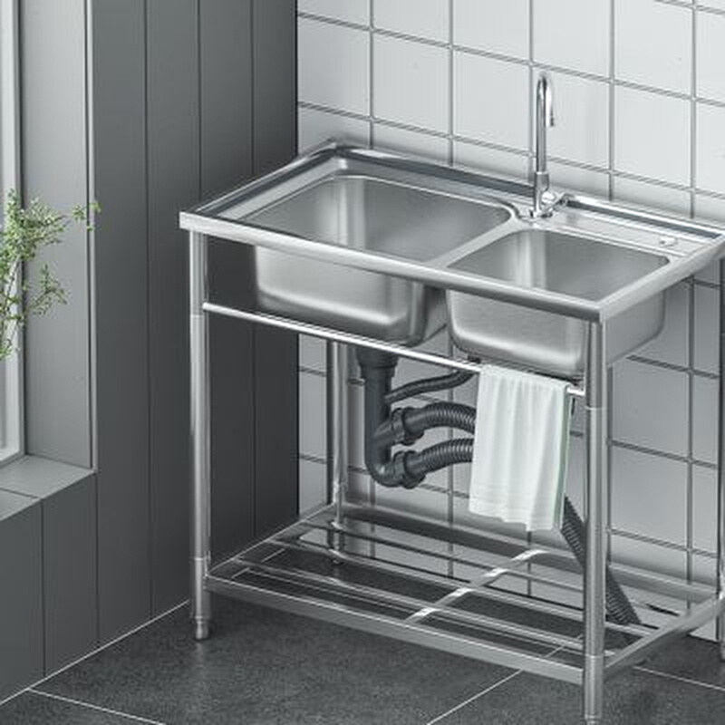 加厚不锈钢单水槽家用厨房洗碗菜双盆简易洗手池带支架卫生间阳台