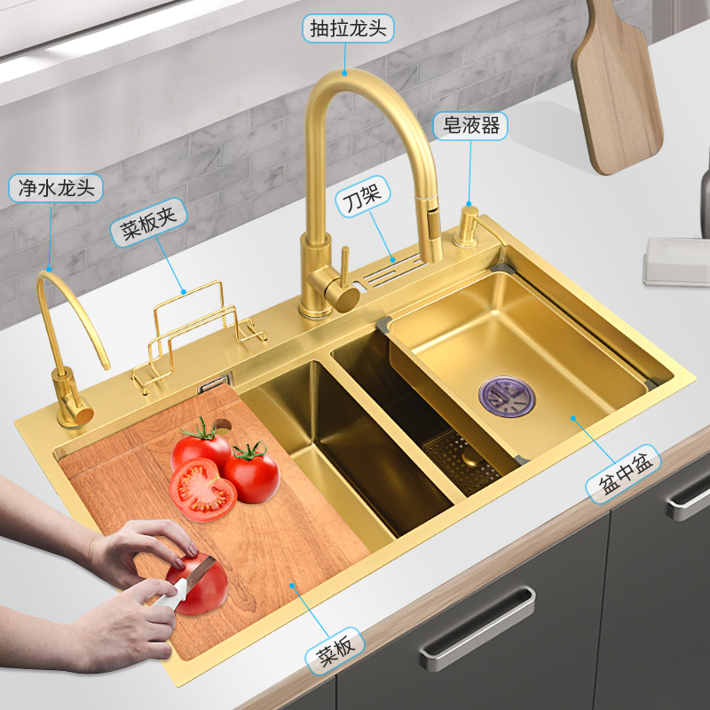 金色手工加厚304不锈钢水槽双槽洗菜盆厨房家用洗碗池台下盆大号