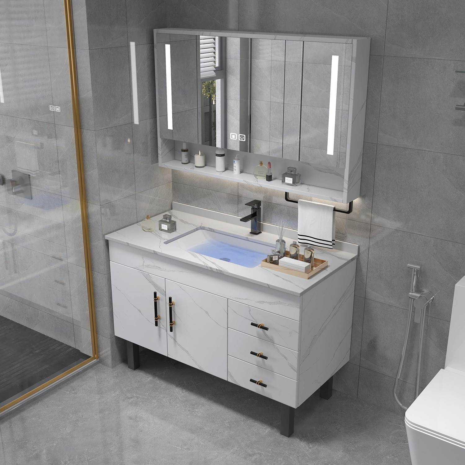 浴室柜组合轻奢简约岩板台面卫生间洗脸盆洗手台盆柜实木智能镜柜