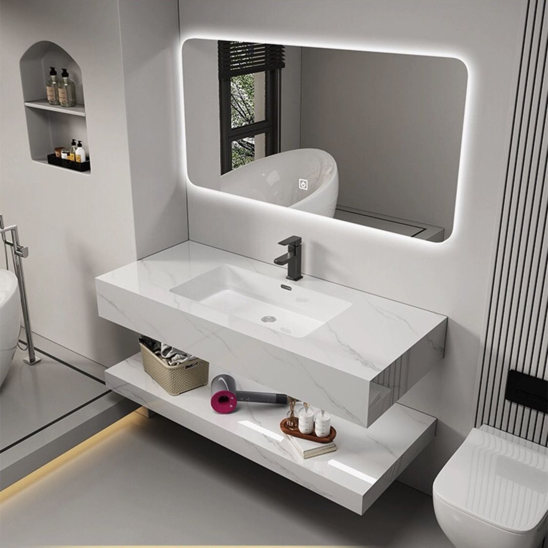 现代简约浴室柜组合岩板无缝陶瓷一体盆洗漱台卫生间洗脸店长