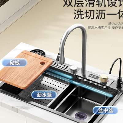 新款数显飞雨瀑布大单槽纳米304不锈钢厨房家用压纹水槽手工洗菜