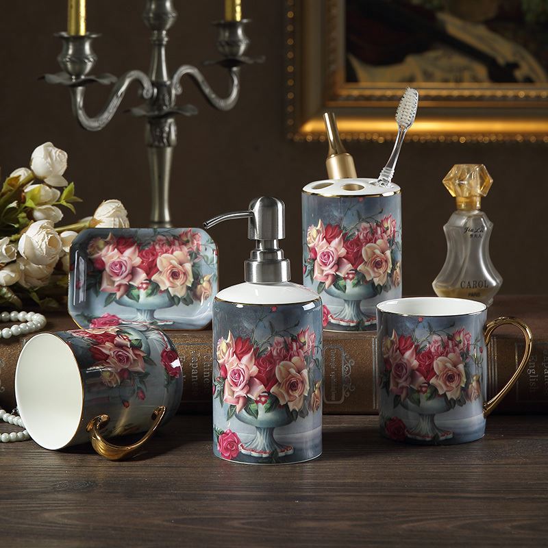 古典玫瑰欧式卫浴五件套创意洗漱杯套装骨瓷浴室牙刷杯漱口杯套件