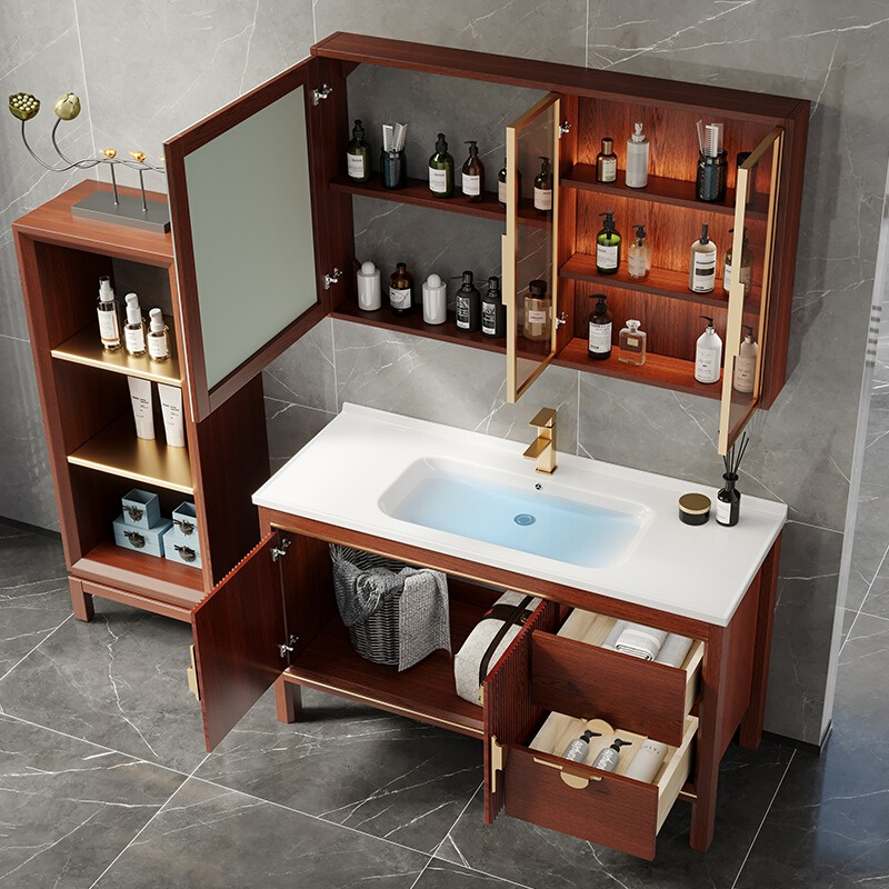 新中式橡木浴室柜组合卫生间岩板池洗脸盆实木柜智能洗漱台卫浴柜