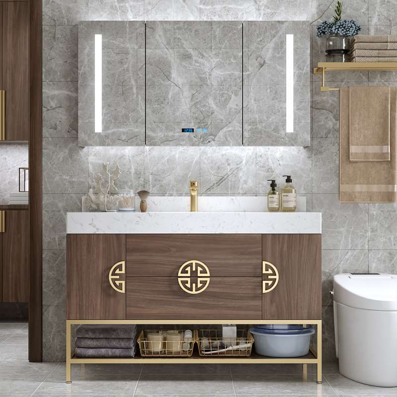 岩板一体现代新中式双盆浴室柜组合落地洗脸洗手洗漱台盆卫生间
