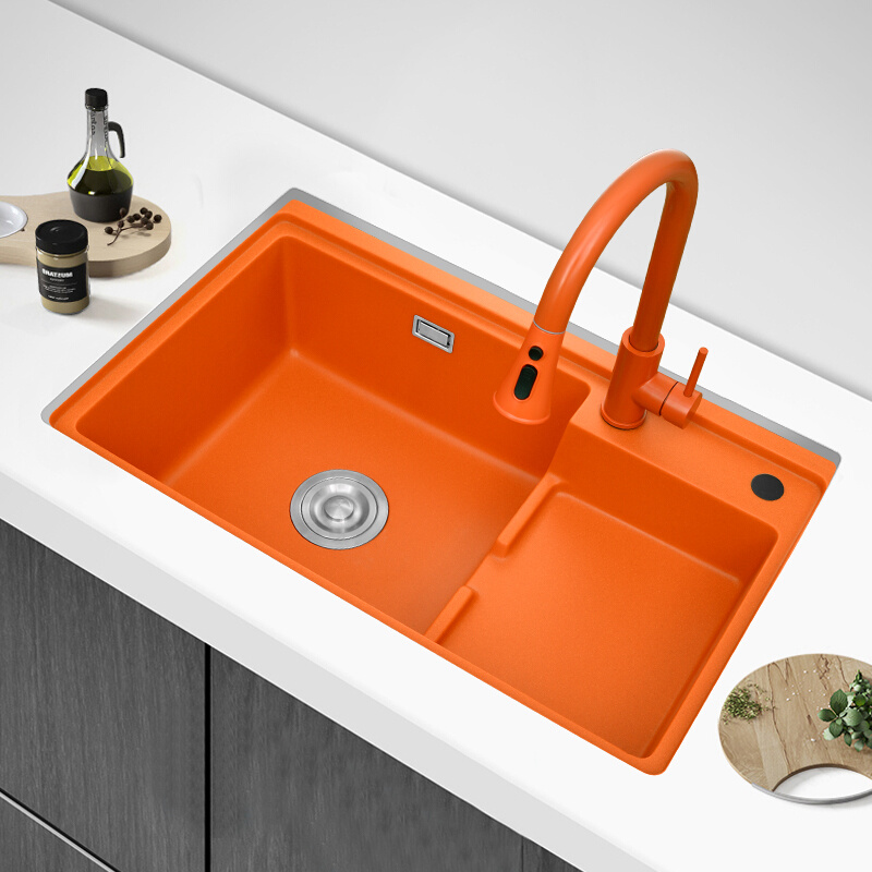 高低阶梯式橙色石英石水槽大单槽厨房洗菜盆花岗岩洗碗池加厚家用