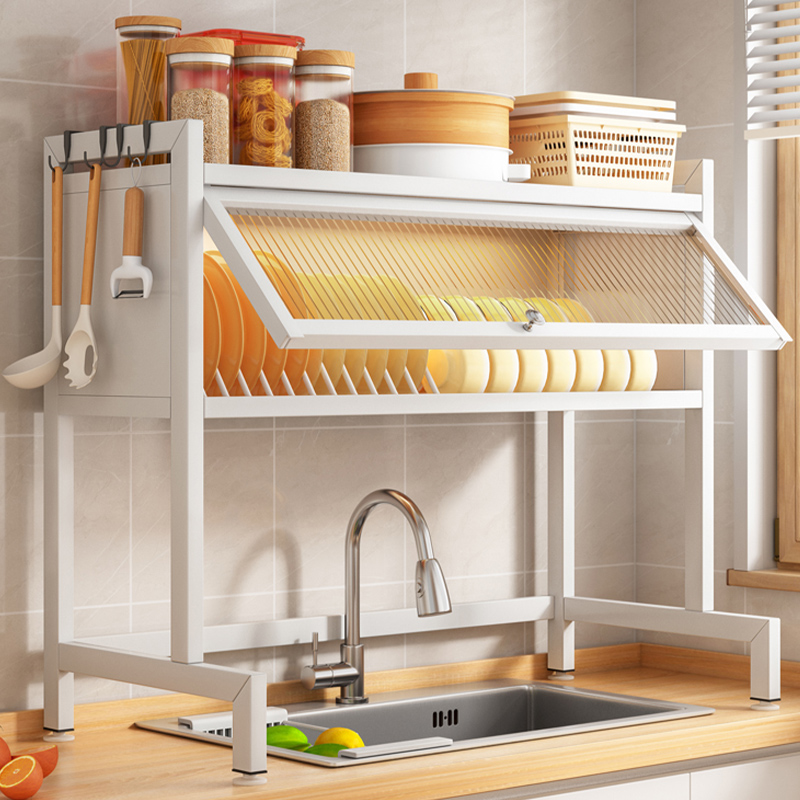 奶油风厨房水槽置物架多功能沥水架不锈碳钢洗碗架碗碟收纳防尘柜