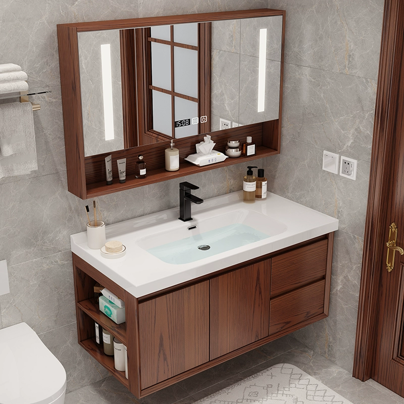 现代新中式岩板浴室柜组合红橡木实木一体陶瓷盆洗漱台洗脸盆柜